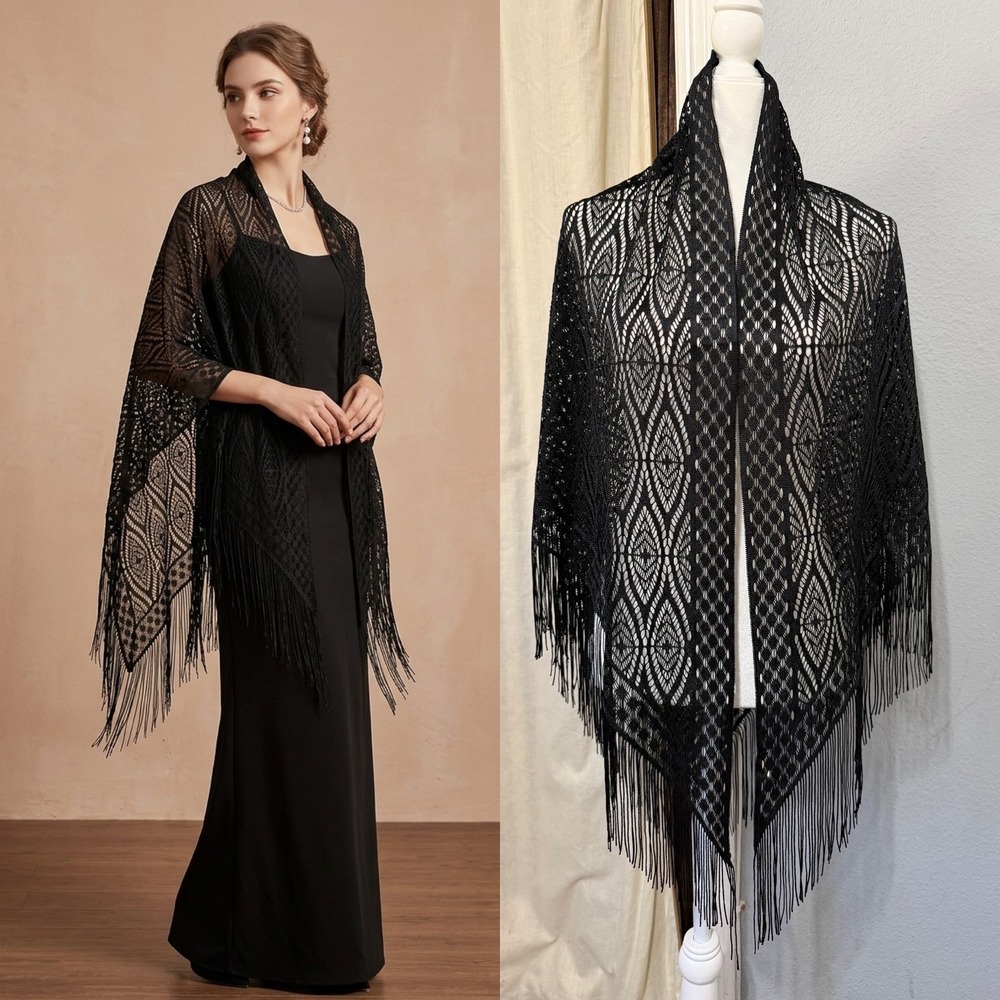 Vintage Black Lace Triangle Shawl Fringe Wrap Sarong Geometric Open Knit Korean